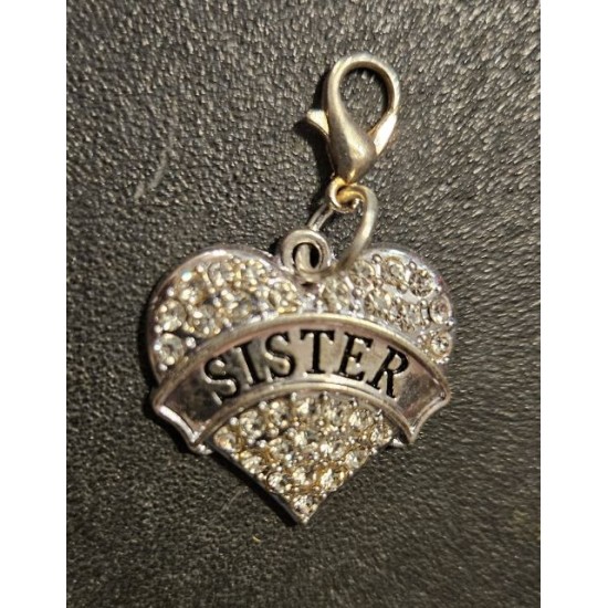 Charm, Gold Heart CZ "Sister"