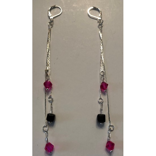 3 Strand Bone Chain Earrings with pink & black beads
