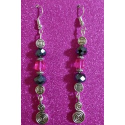 Pink and Black Beaded Swirl Earrings 