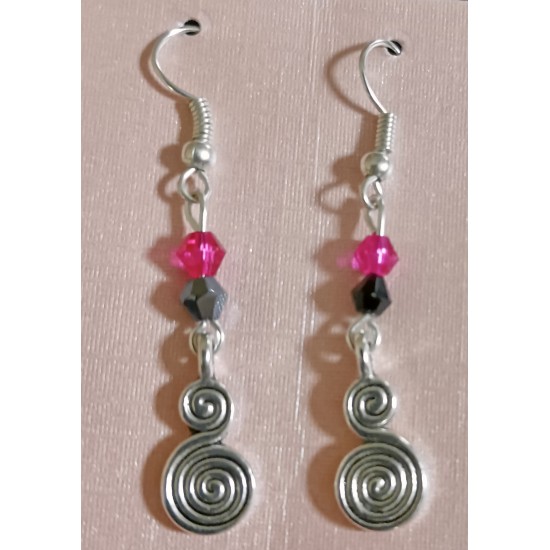 Pink and Black Beaded Swirl Earrings 4