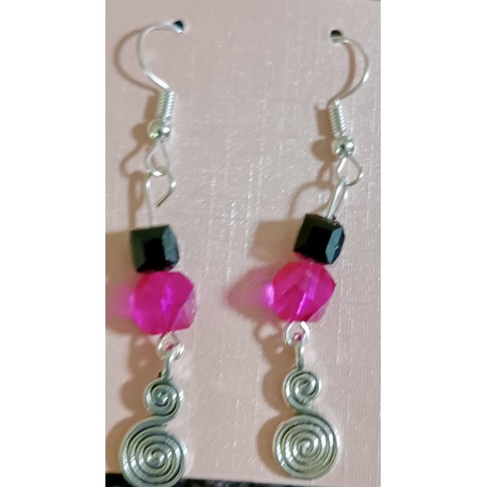 Pink and Black Beaded Swirl Earrings 5