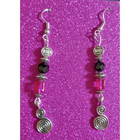 Pink and Black Beaded Swirl Earrings 6