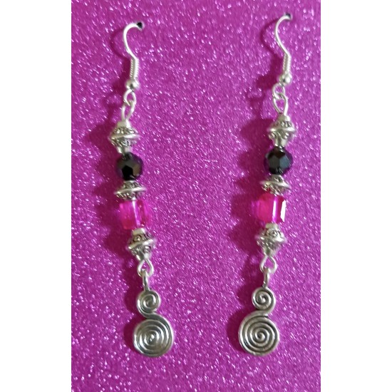 Pink and Black Beaded Swirl Earrings 7