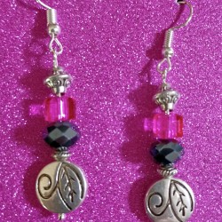 Pink and Black Beaded Leaf Earrings