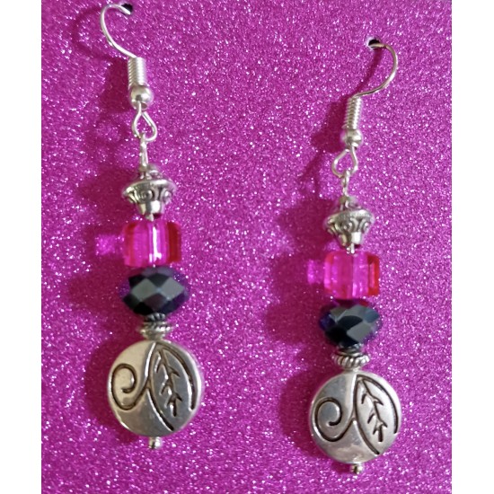 Pink and Black Beaded Leaf Earrings