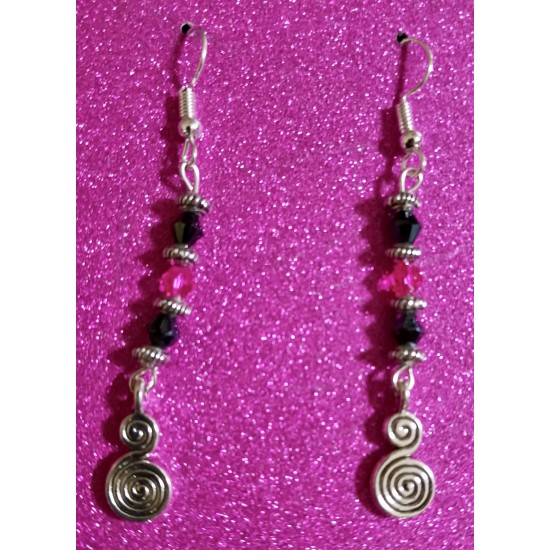 Pink and Black Beaded Swirl Earrings 2