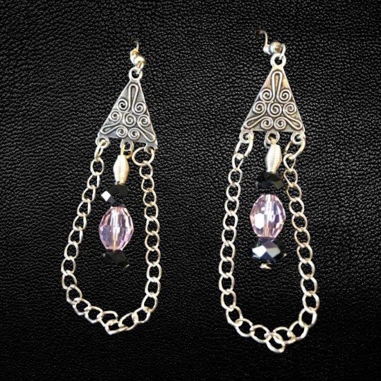 Pink Black Crystal Chain Earrings