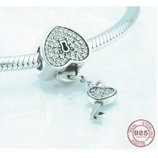 Panda Sterling Silver CZ Heart Lock & Key Charm