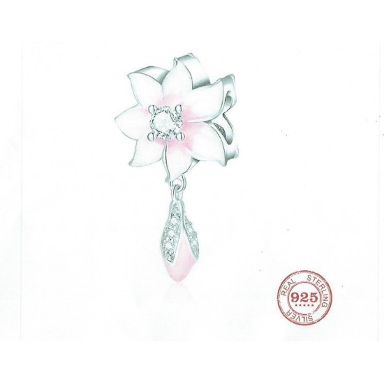 Panda Sterling Silver Pink Flower Dangle Charm