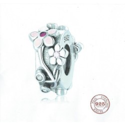 Charm, 9.25 Sterling Silver, Our Panda, Pink Flower