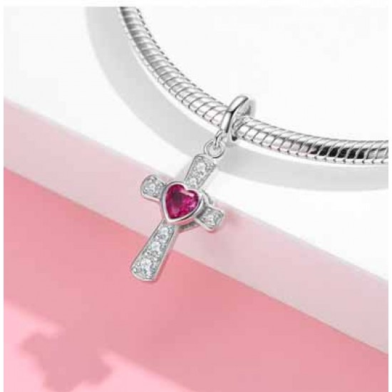 Sterling Cross with Pink Stone Charm