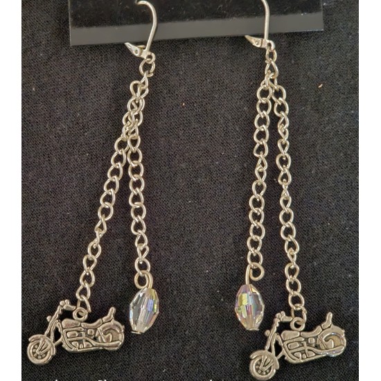 Silver Motorcycle Earrings w/ Clear Beads