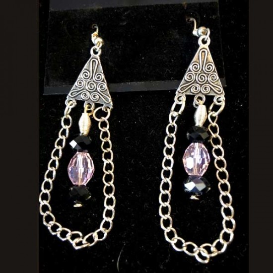 Pink Black Crystal Chain Earrings